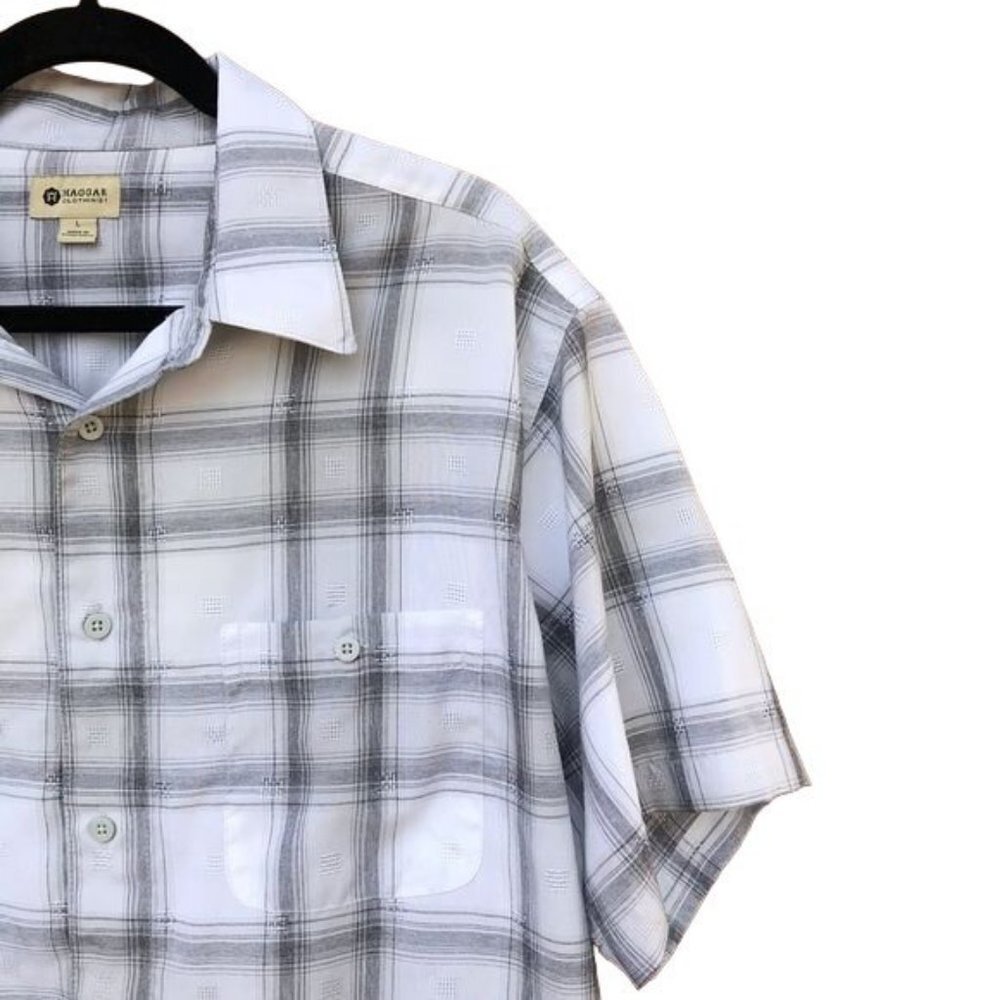 Haggar White Gray Plaid Button Down Dress Casual Mens Shirt Size L - Picture 7 of 8